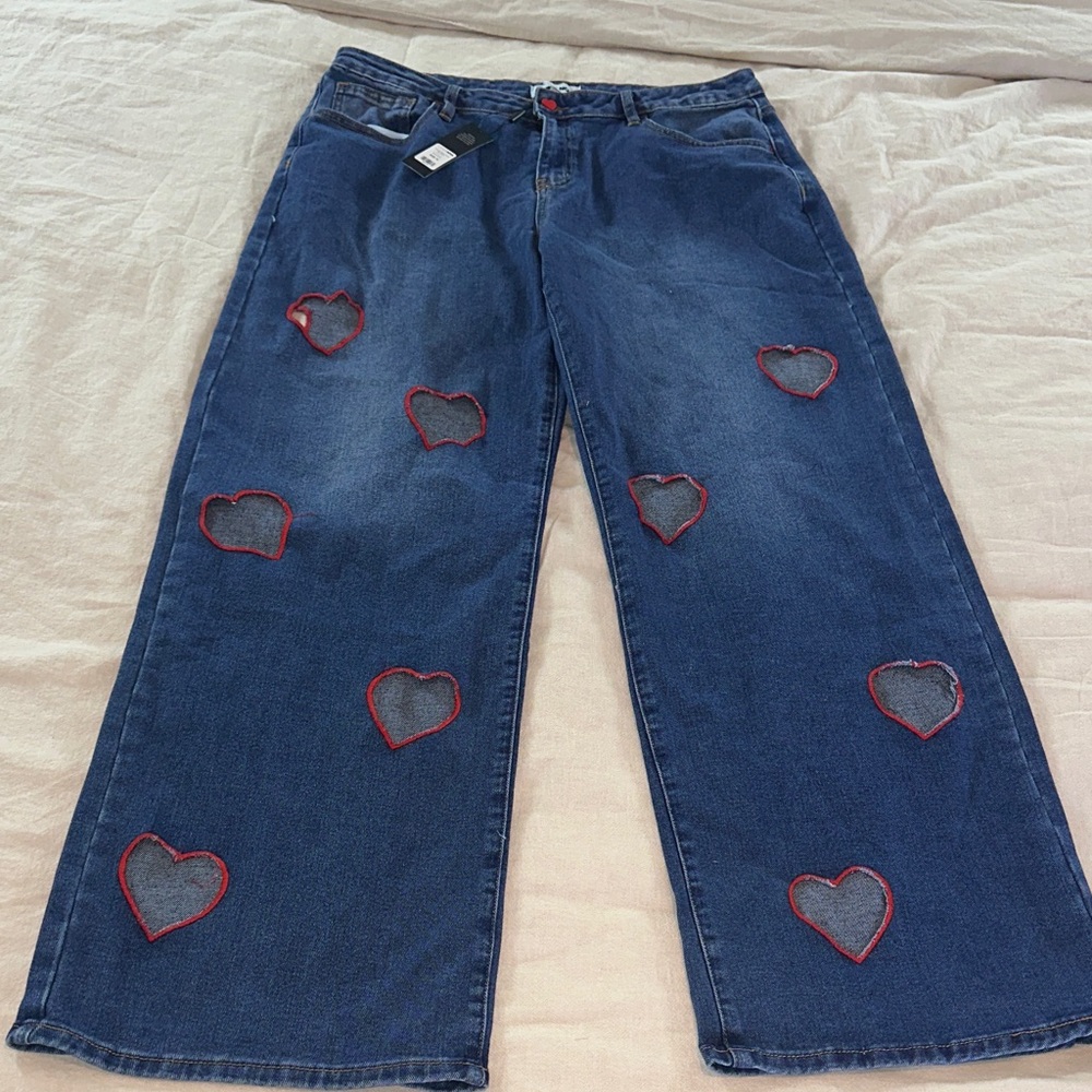 Fashion Nova Dark Blue Wide-Leg Jeans with Red-Trim Heart Appliqués